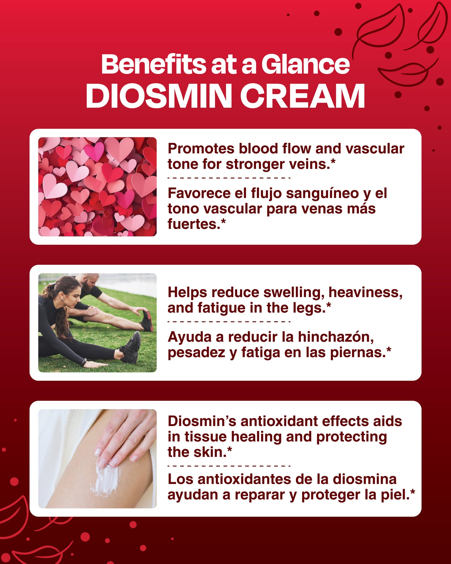 Infografía de los beneficios de la crema Sana Sana de diosmina para el bienestar corporal